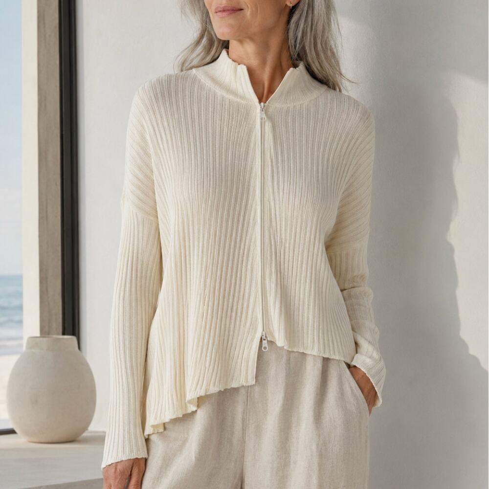 Gudrun Grenz Cream Ribbed Zip Cardigan Asymmetrical Hem Minimalist Coastal Chic